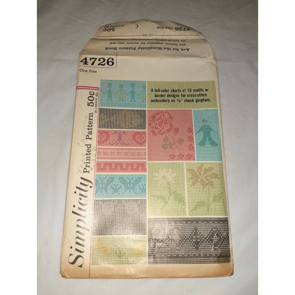 Vtg Simplicity Pattern 4726 Cross Stitch Embroidery Charts For 1/8" Gingham